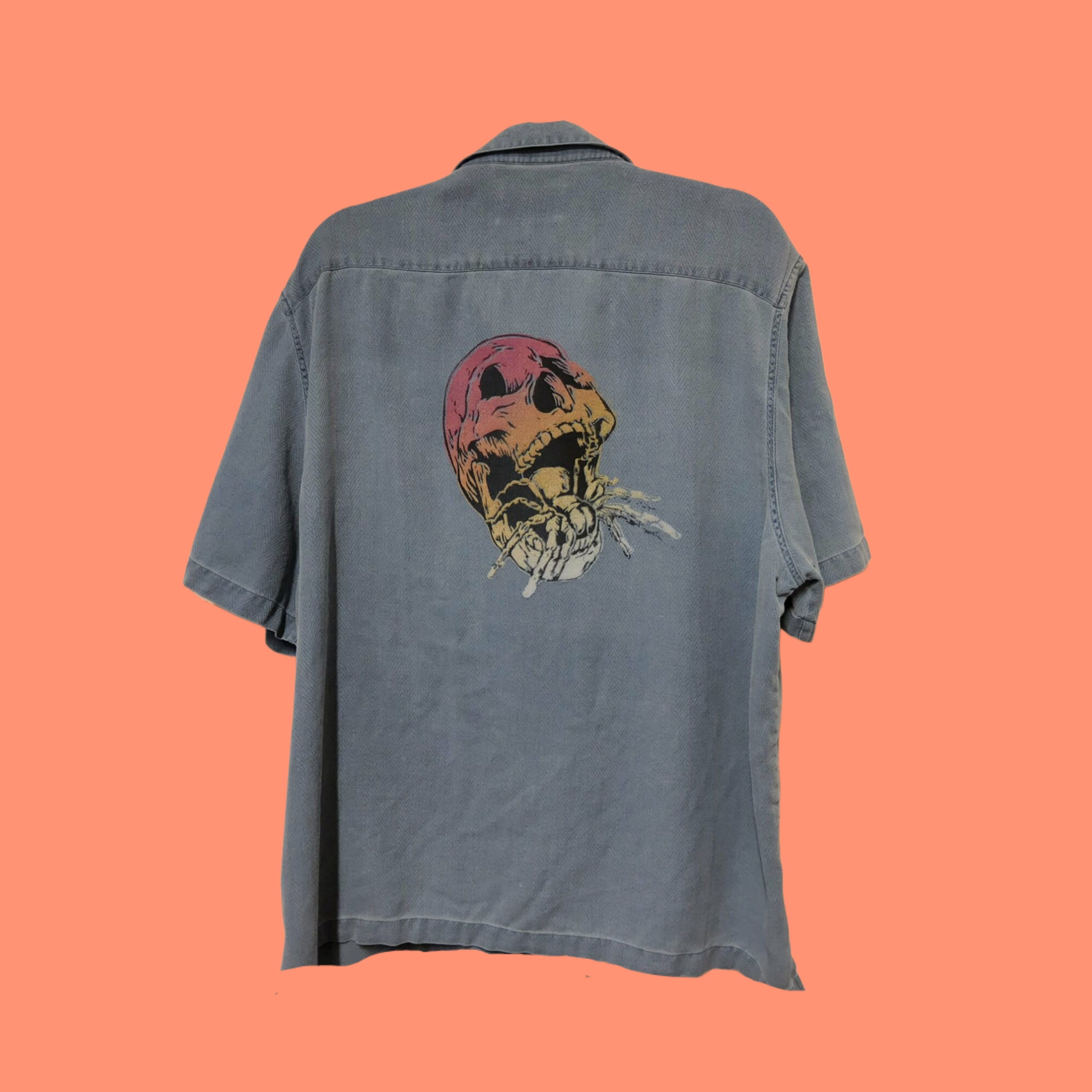 Aloha Shirt- Nat Nast silk faded blue/ombre skull upcycled