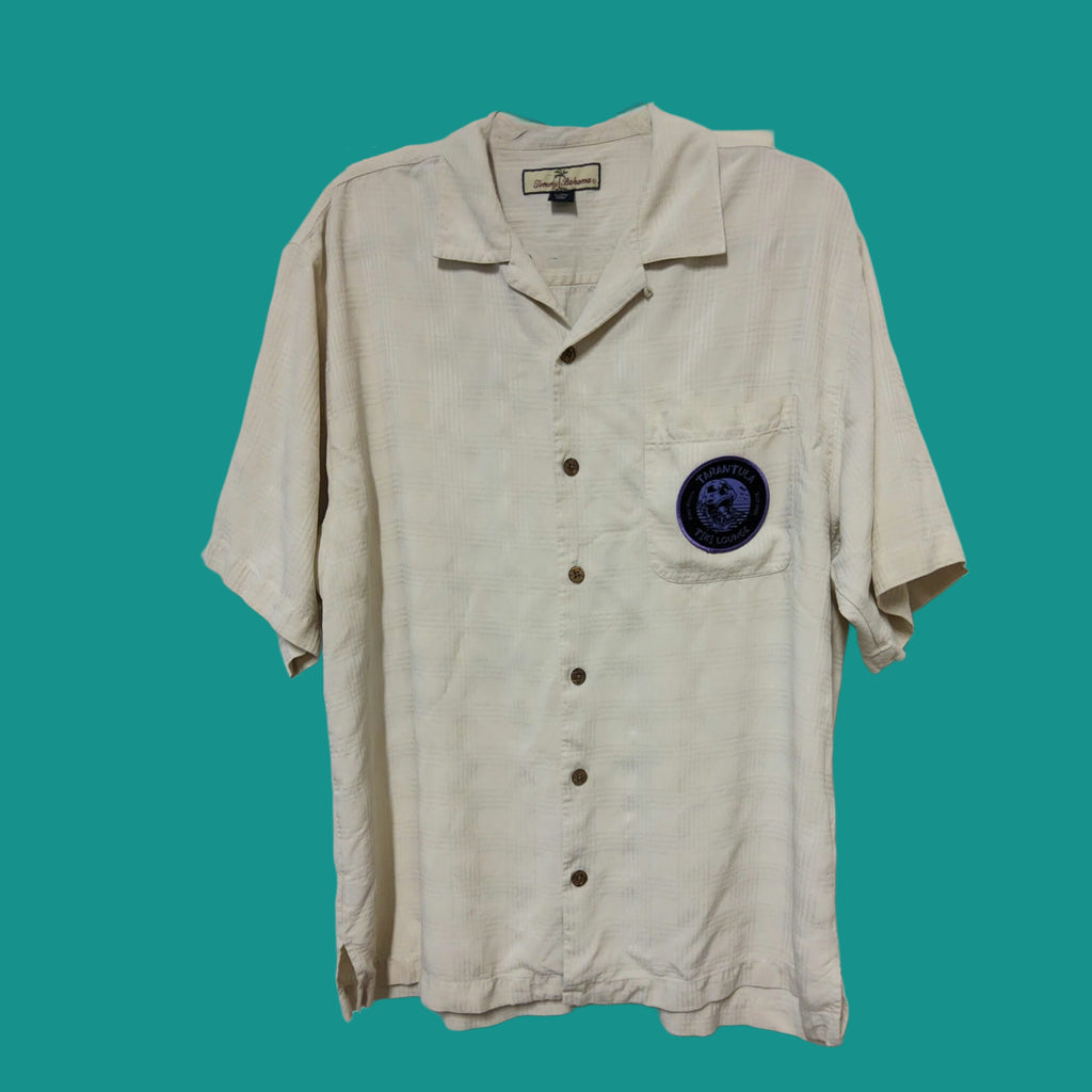 Tommy Bahama Silk Aloha Shirt- cream colored/ombre skull upcycled