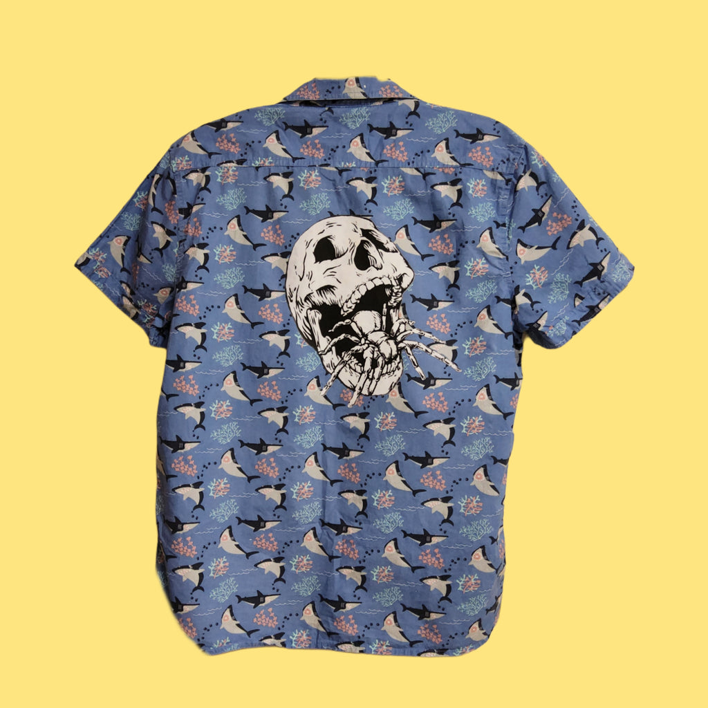 Aloha Shirt- upcycled sharks