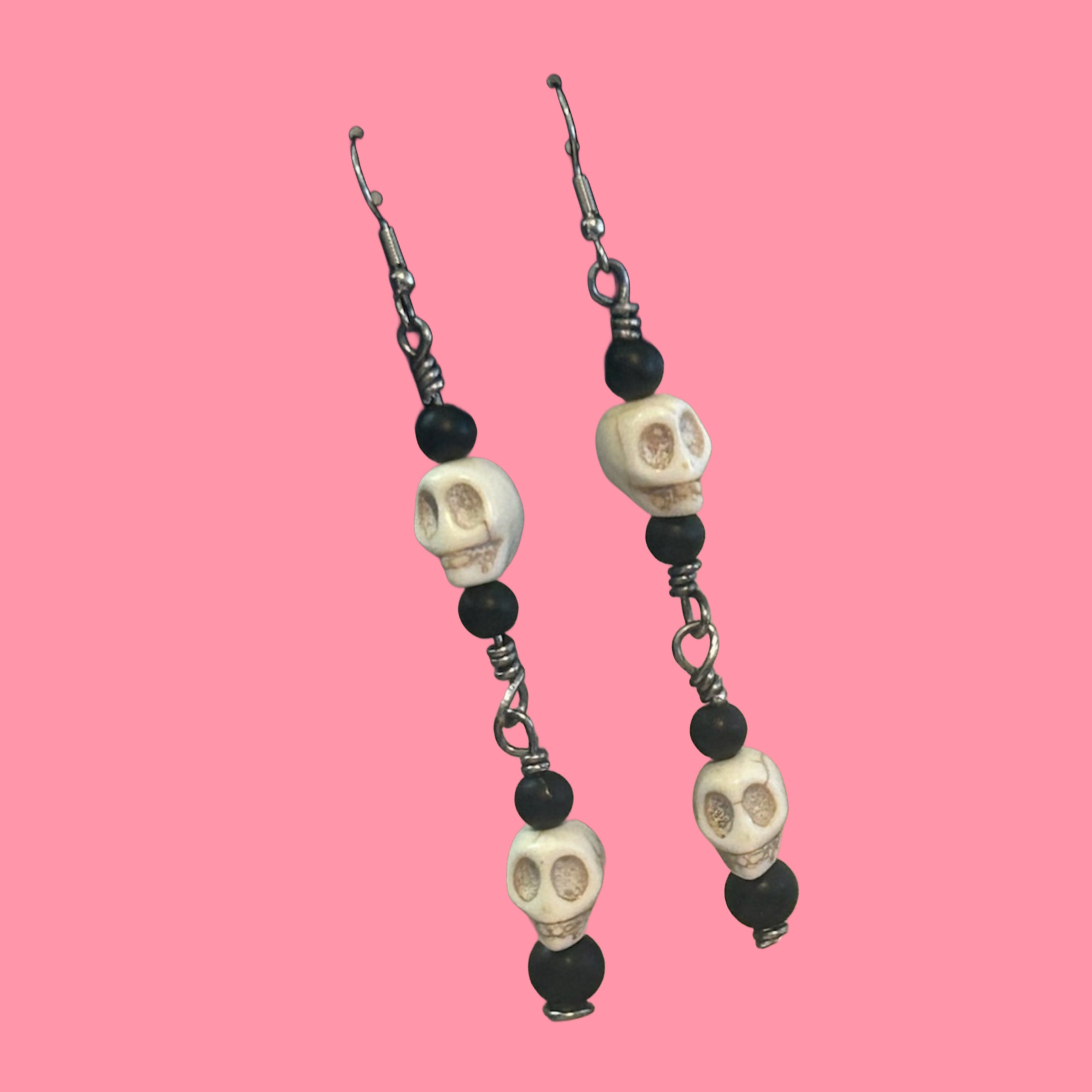 Skull and Black Bead Earrings