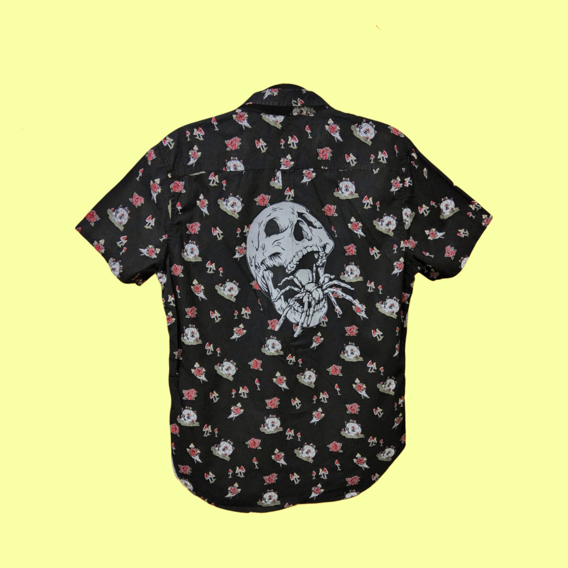 Aloha Shirt- upcycled mushrooms and skulls