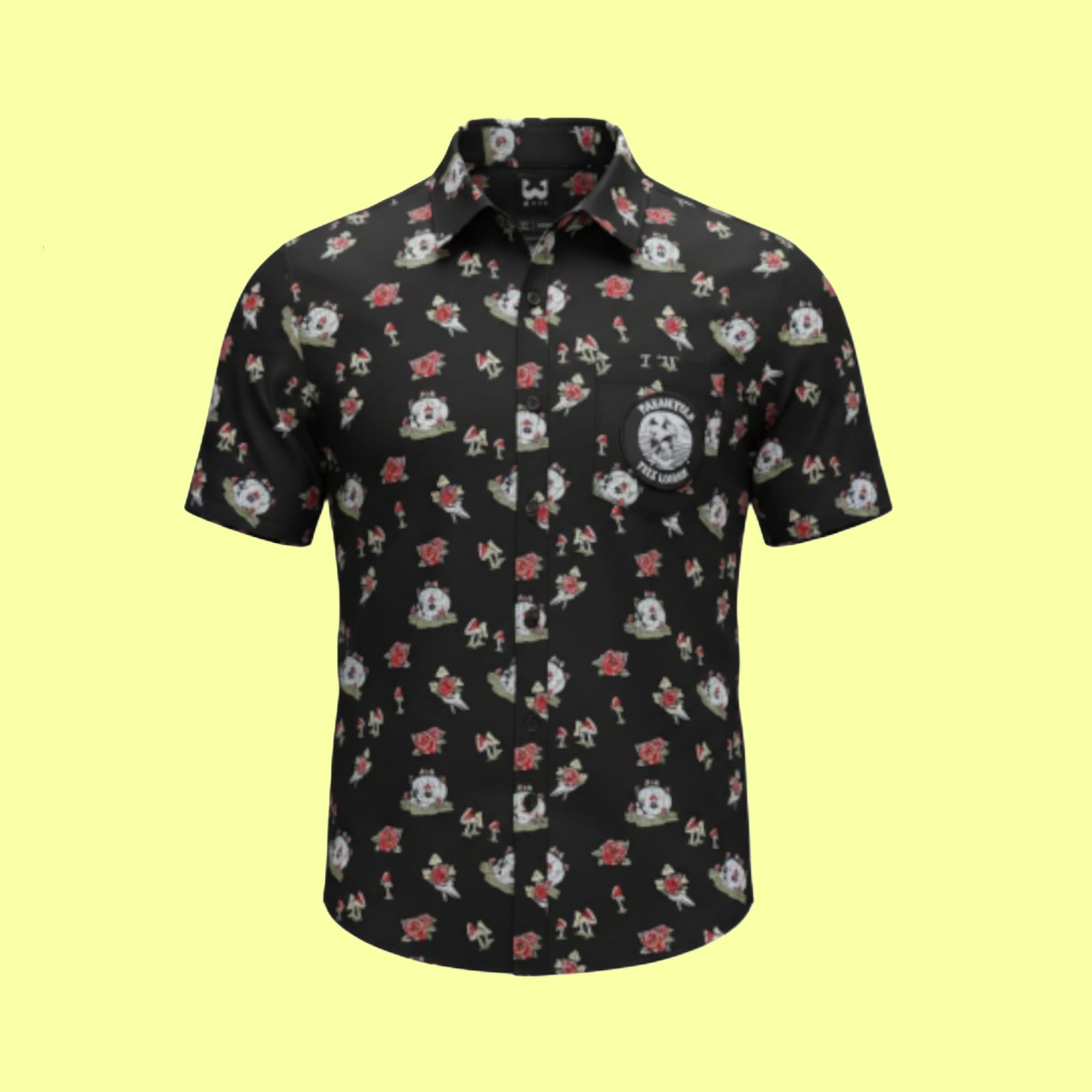 Aloha Shirt- upcycled mushrooms and skulls