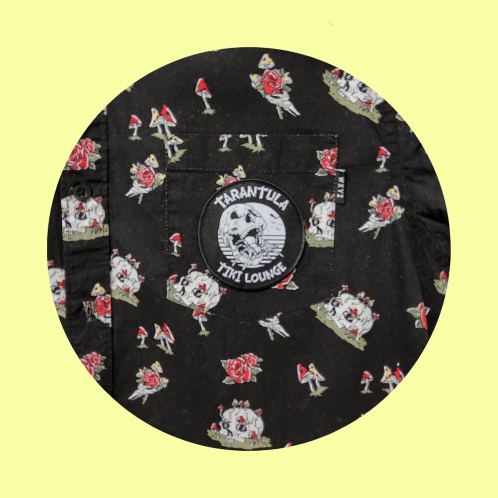 Aloha Shirt- upcycled mushrooms and skulls