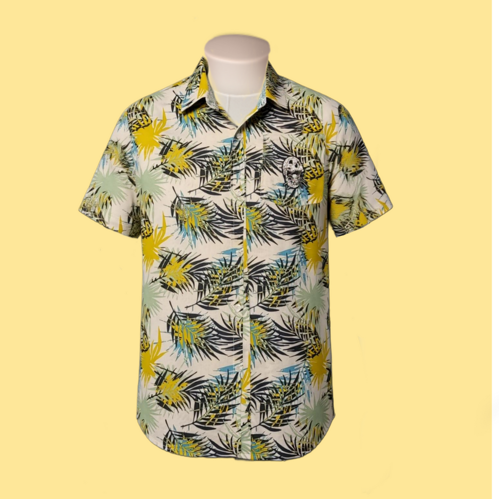 Aloha Shirt- upcycled blue green palms
