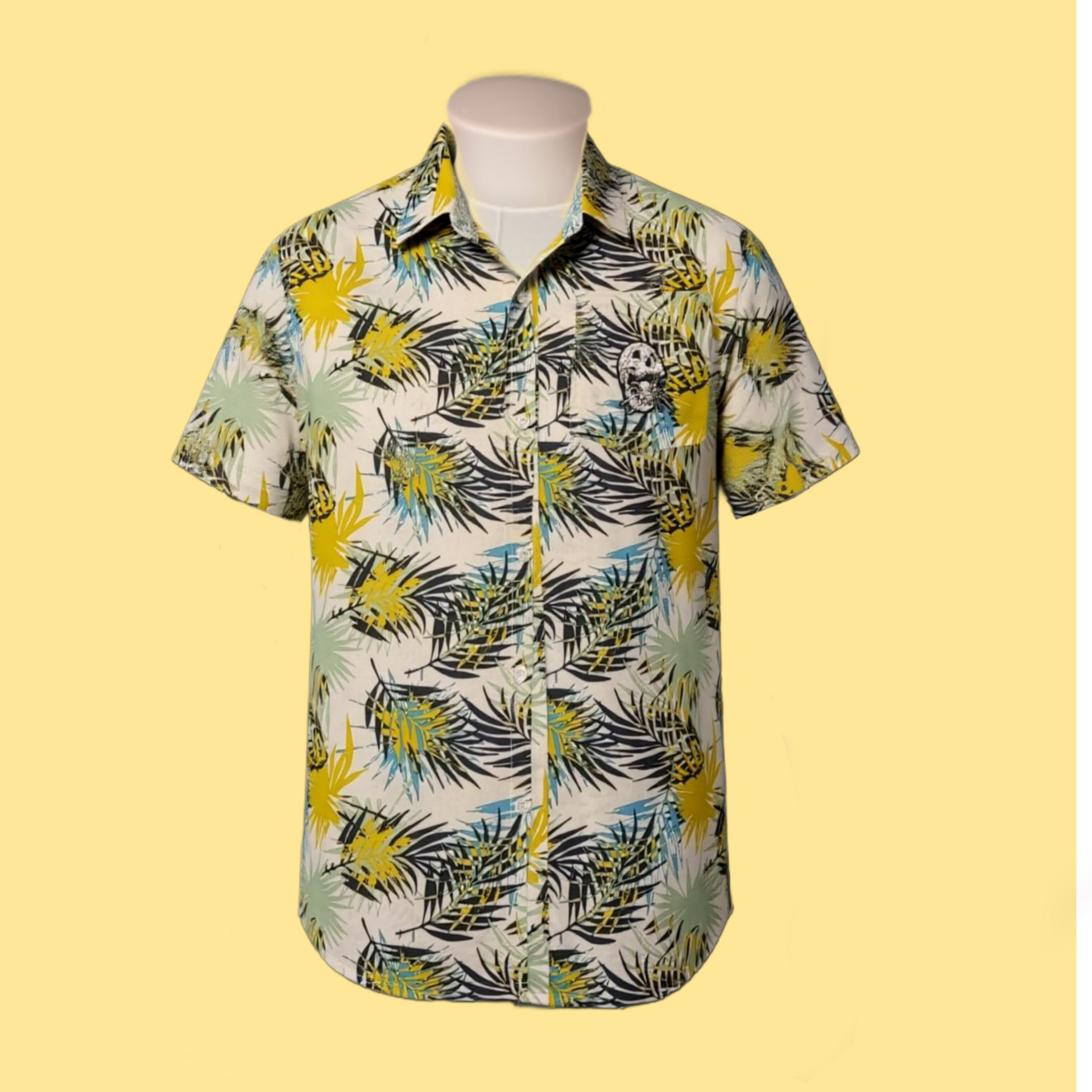 Aloha Shirt- upcycled blue green palms – Tarantula Tiki Lounge BouTiki