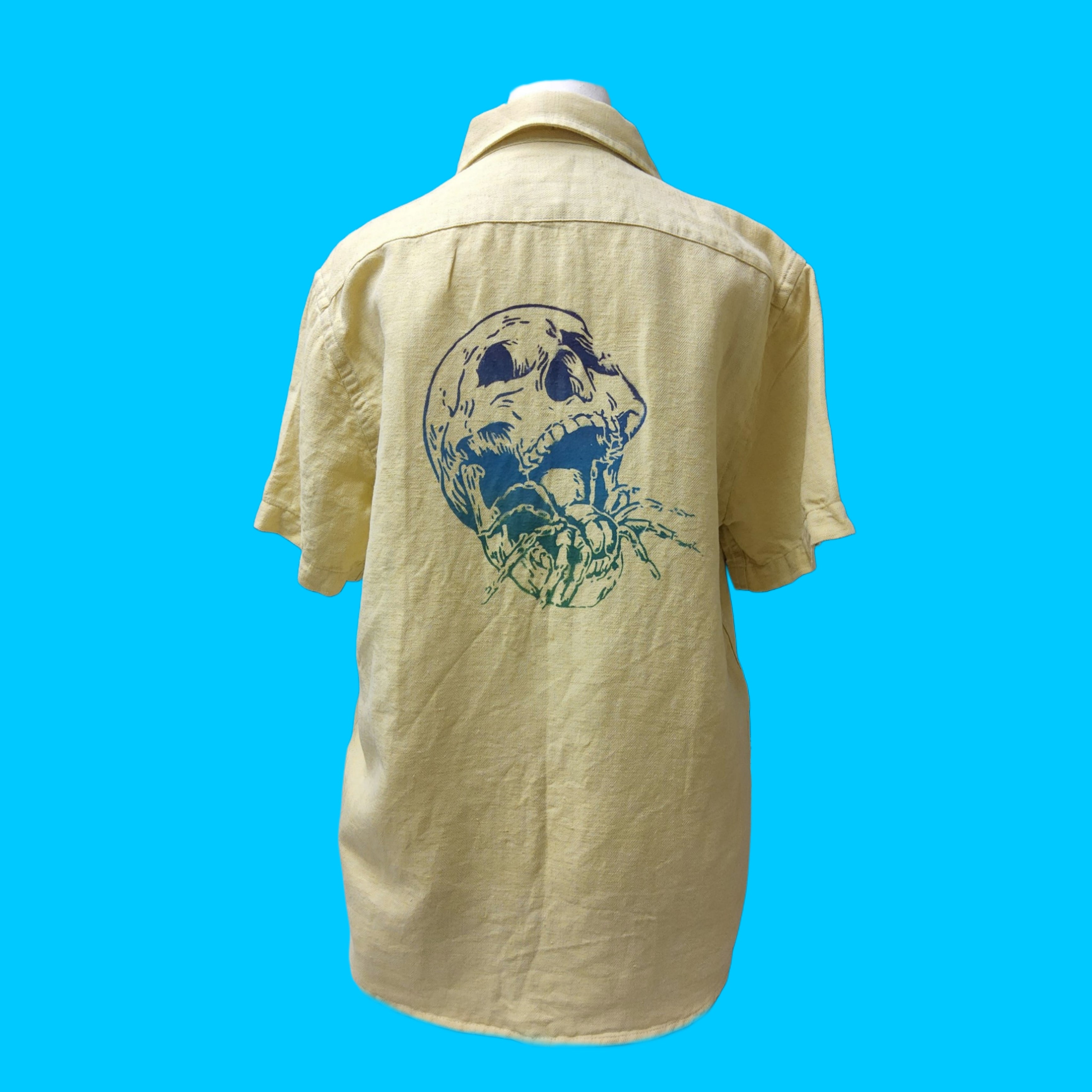 Lemon Yellow Linen Shirt- upcycled ombre skull
